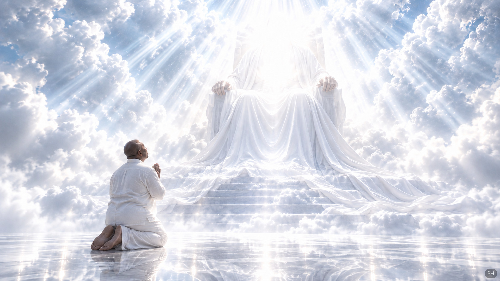 A man kneeling in prayer before the throne of God