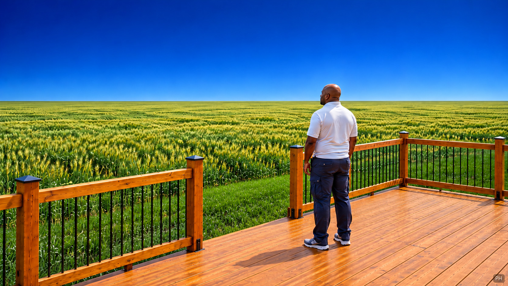 A man standing on a deck, looking out over a field and reflecting