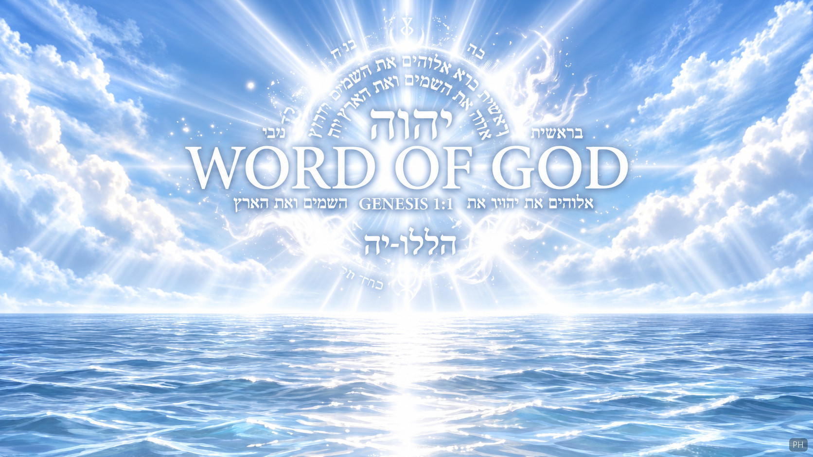 The words Word of God over the sea, with the Hebrew name of God